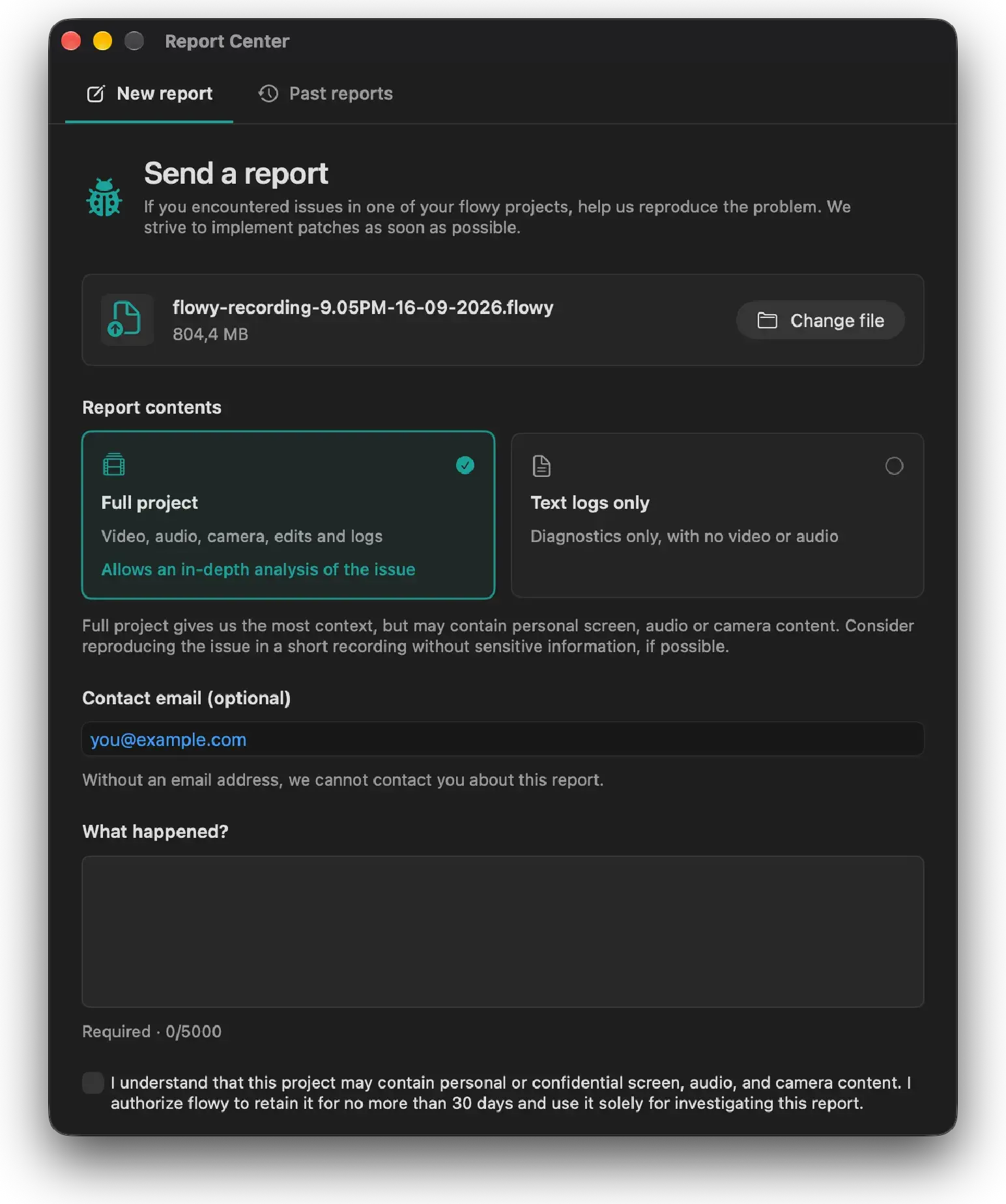 Report Center in the flowy app