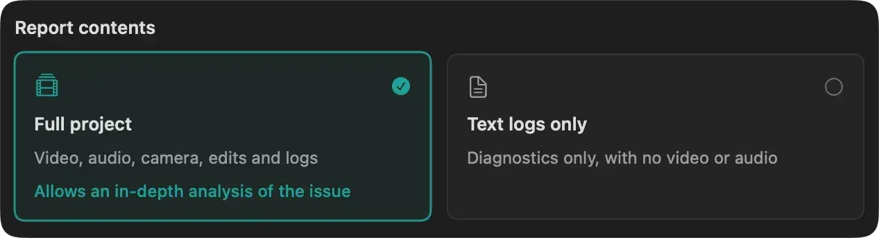 Options to share a full project or text logs only