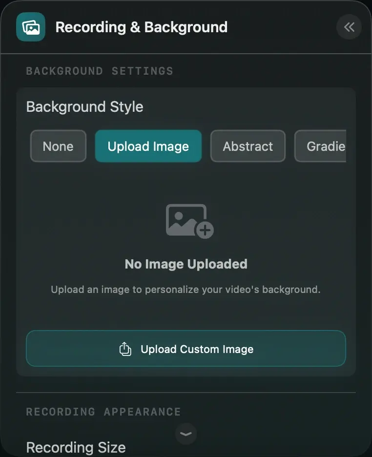 flowy Background panel showing the Upload Custom Image button before a file is selected