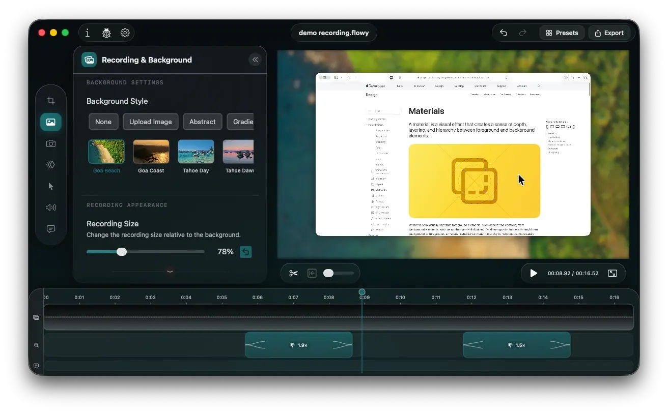flowy Editor with the Background panel, background presets, recording size, and video preview visible