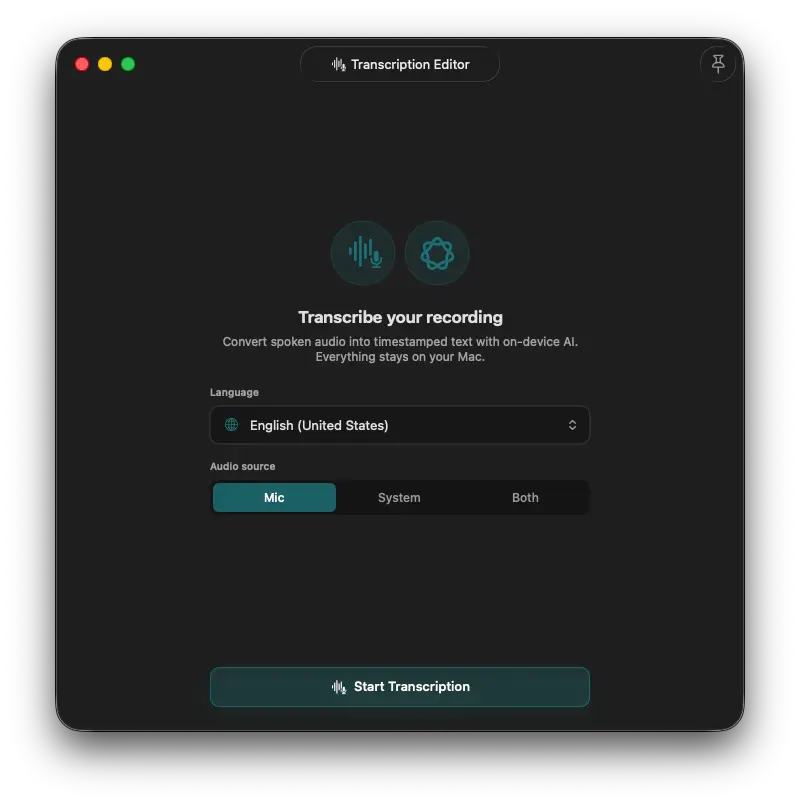 flowy transcription editor showing language and audio source choices